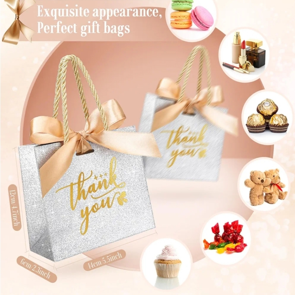 10 pcs Thank You Gift Bags, Silver & Gold, Glittery, Favor bags, Ribbons, Handle